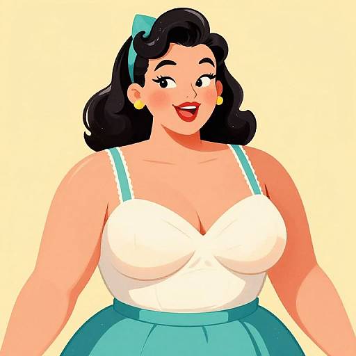 Vibrant cartoon illustration of a curvy, smiling woman with black hair, red lipstick, blue bow, white bustier, and turquoise skirt.