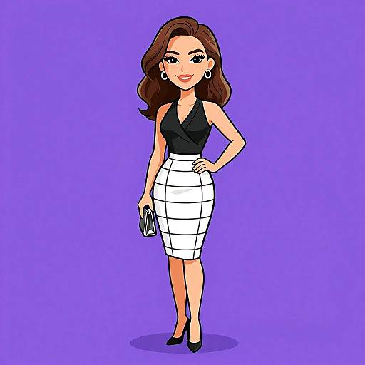 Digital cartoon of a confident woman with brown hair, black top, white high-waisted pencil skirt, holding a clutch, standing on purple background.