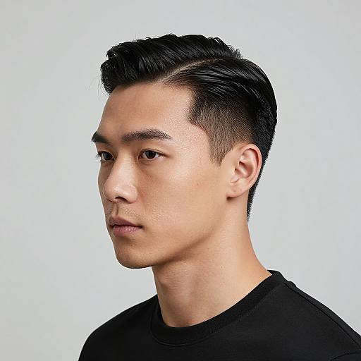 Photograph of an Asian man with short, black, neatly styled hair, fair skin, and a serious expression, wearing a black shirt, against a