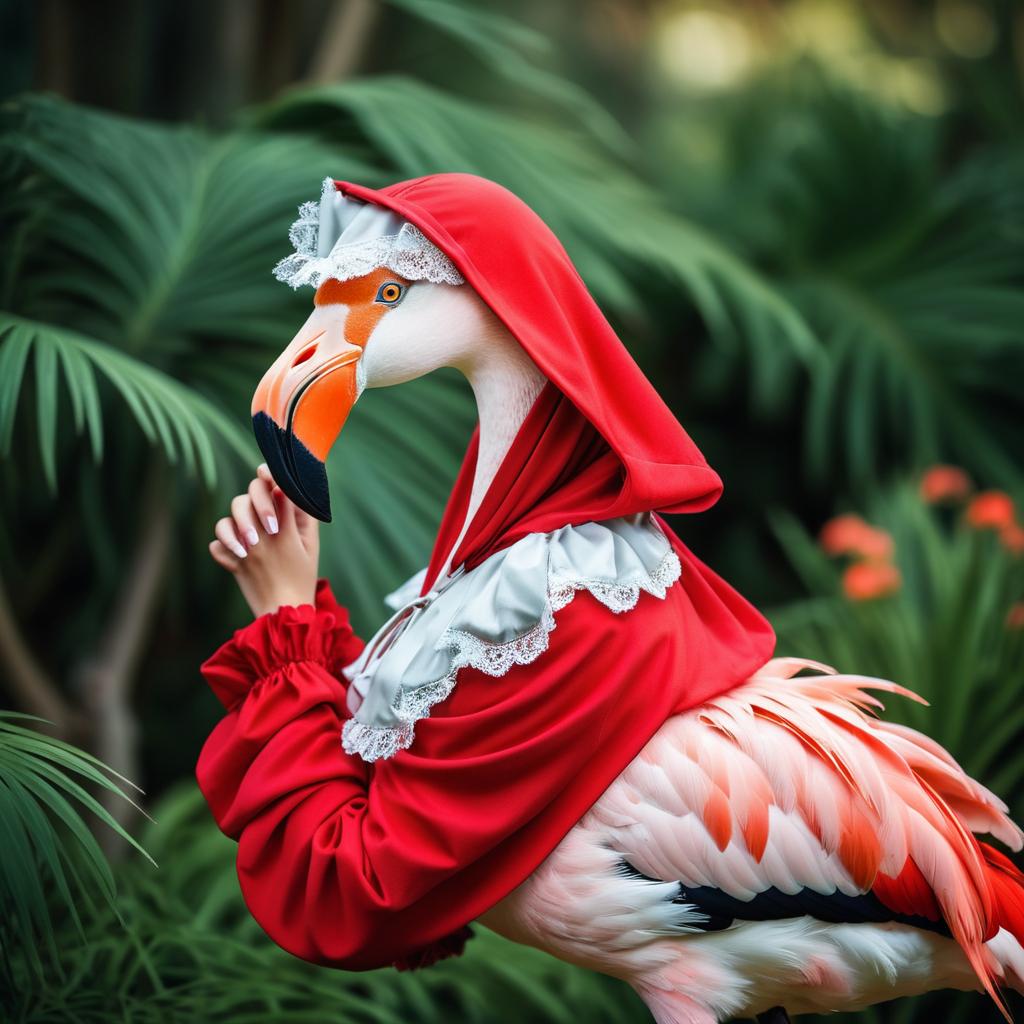 Whimsical Flamingo as Little Red Riding Hood