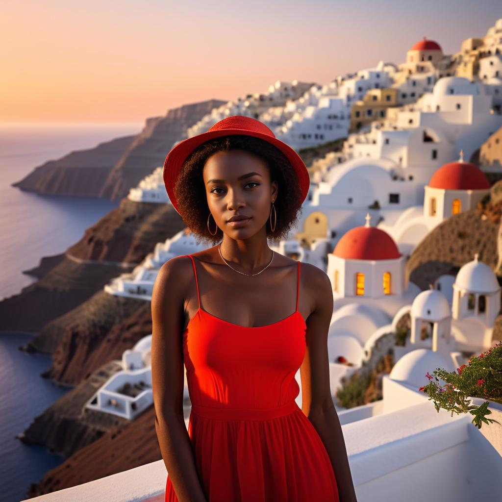 Stunning African Woman in Santorini Dusk