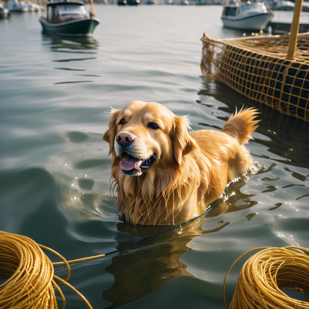 Golden Retriever Retrieving Nets in Harbor