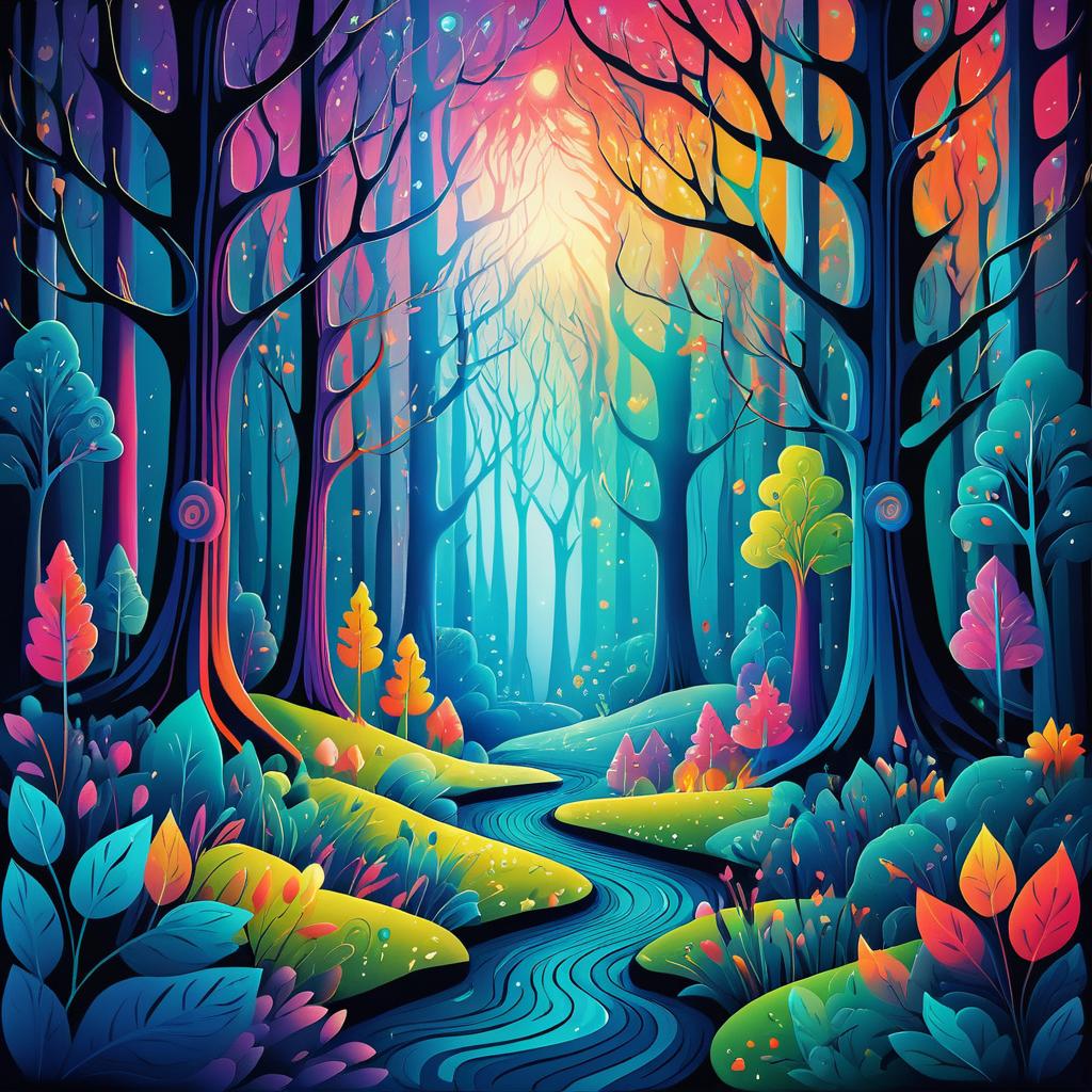 Vibrant Mystic Forest in Naive Art Style