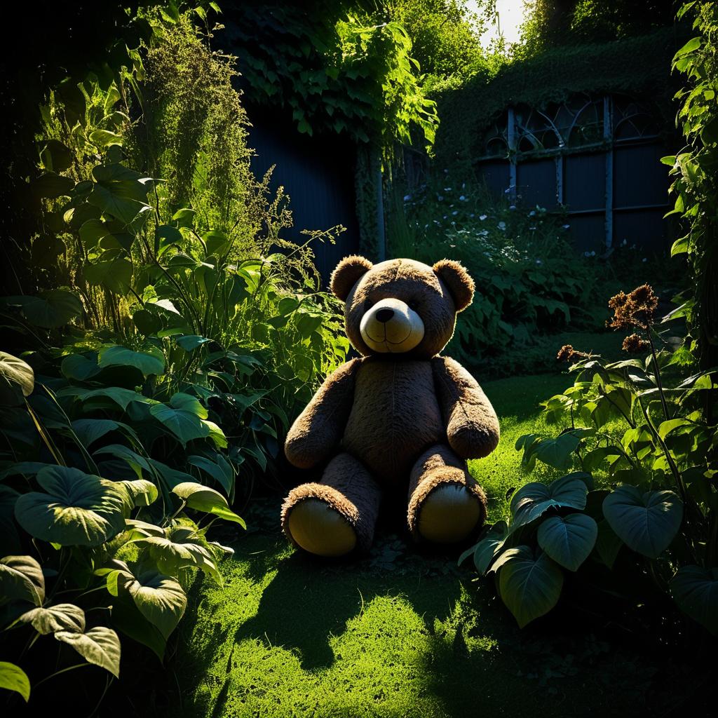 Forgotten Teddy Bear in Overgrown Garden