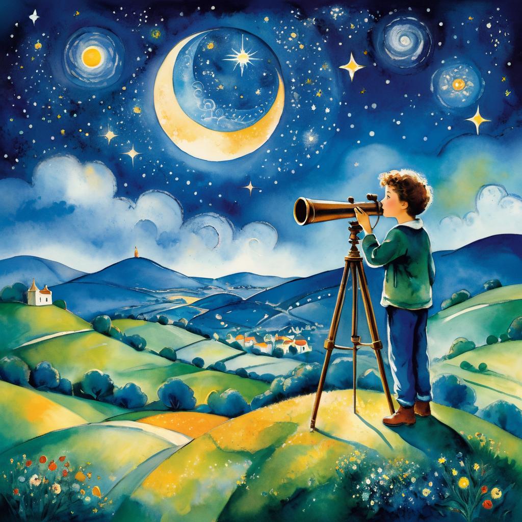 Chagall-Inspired Boy with Telescope Under Stars