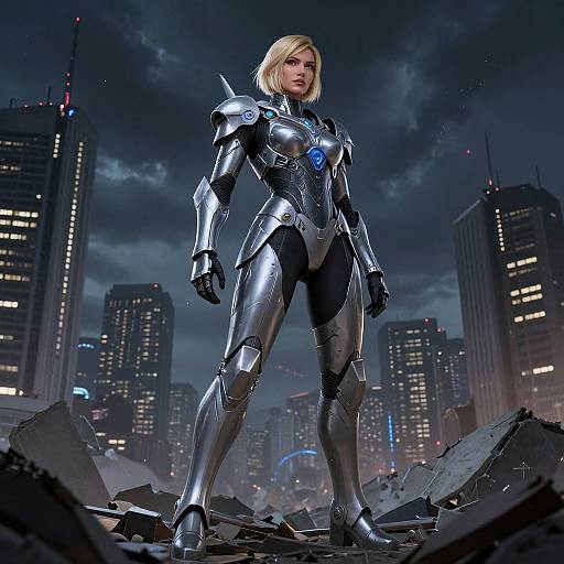 Futuristic Warrior Woman in Ruined City