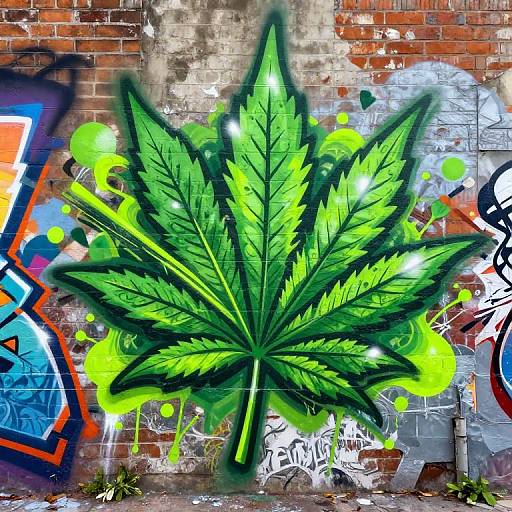 Vibrant digital artwork of a large, glowing green marijuana leaf on a graffiti-covered, weathered brick wall with colorful spray paint and tags.