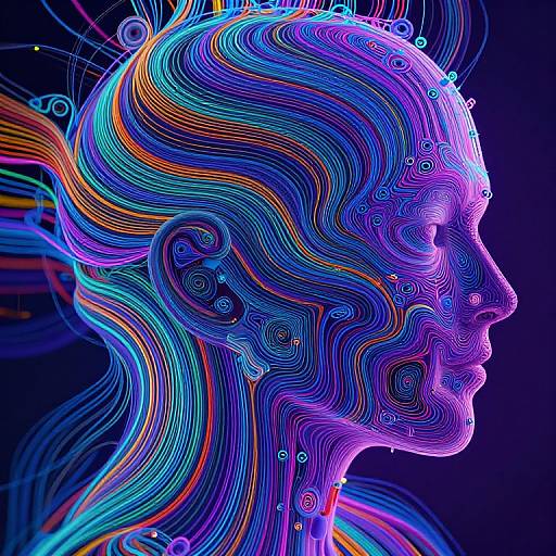 Digital art of a neon, wireframe human head profile in vibrant purple, blue, orange, and pink lines against a dark background.
