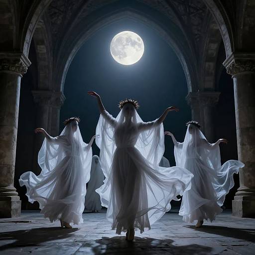 Photograph of ethereal, ghostly women in flowing white gowns, arms raised, silhouetted against a full moon in a dark,