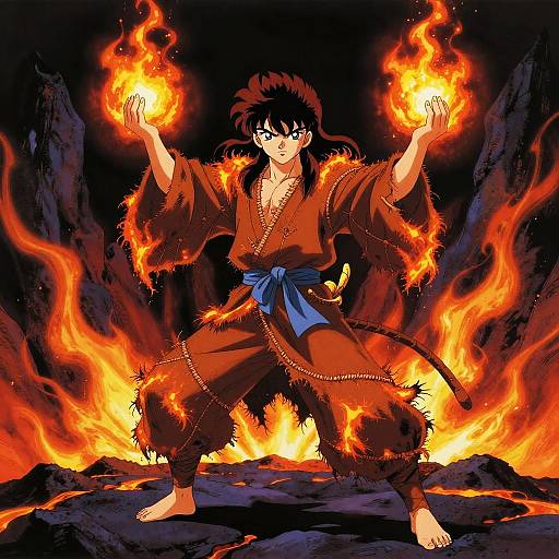 Digital anime artwork of a fiery-eyed, black-haired warrior in a red, tattered kimono, standing on rocky ground, hands glowing with flames.