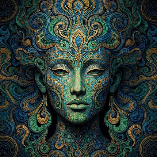 Digital artwork of a serene, teal and gold face with intricate, swirling patterns resembling a sun's rays, set against a dark blue background.