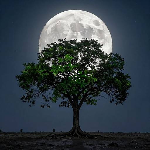 Photograph of a solitary tree with dense green foliage silhouetted against a bright, full moon in a dark, clear night sky.