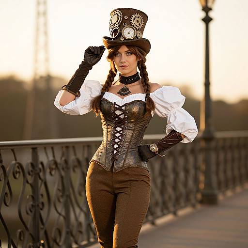 Steampunk woman in black corset, brown pants, white blouse, top hat, gloves, and clock, standing on ornate bridge at sunset