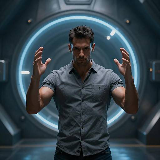 Man Standing in Futuristic Tunnel with Glowing Circular Structure