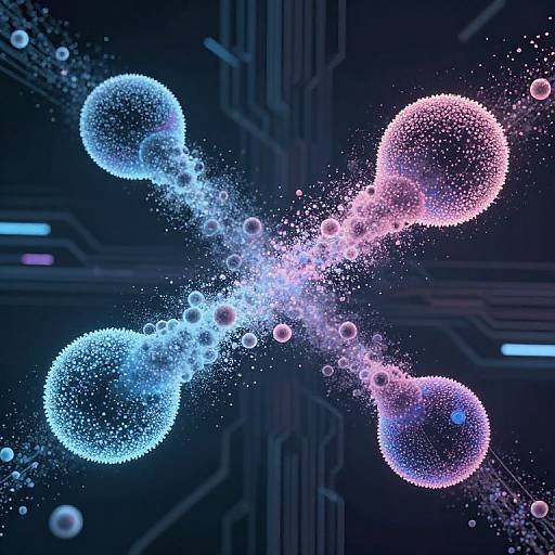 Digital artwork of a glowing, neon-blue and pink molecular structure with sparkling particles, set against a dark, futuristic circuit board background.