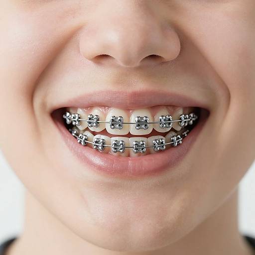 Close-up photograph of a smiling person's face, showing metal braces on teeth, fair skin, and slightly parted lips.