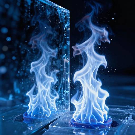 Photograph of vibrant blue flames dancing in transparent, glass-like containers against a dark, sparkling background, creating a mesmerizing, ethereal effect.