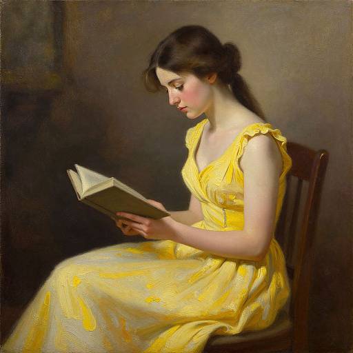 Photorealistic painting of a pale-skinned, brunette woman in a yellow dress, sitting and reading a book against a dark background.
