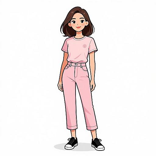 Digital illustration of a young woman with short brown hair, wearing a pink t-shirt and matching pink pants, black sneakers, standing against a white background.