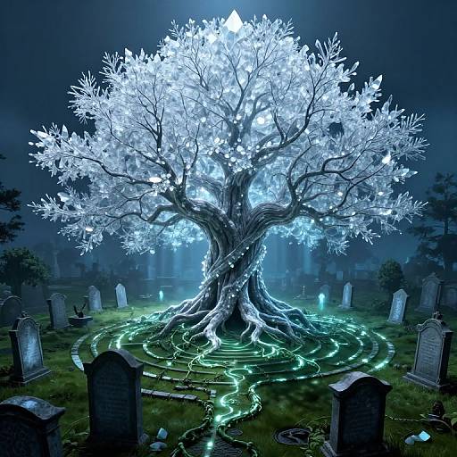 Digital artwork of a glowing, ethereal tree with white leaves, illuminated by blue light, centered in a dark, misty graveyard surrounded by glowing runes