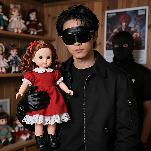 Masked man holding doll in dim room