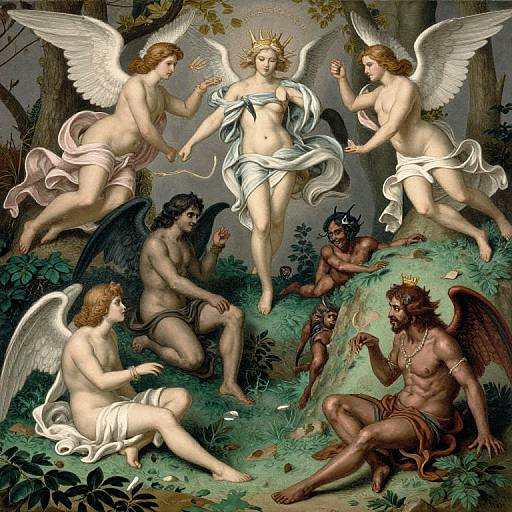 Renaissance-style painting of four white-winged angels and three demons in a forest, with a central crowned angel holding a scroll.