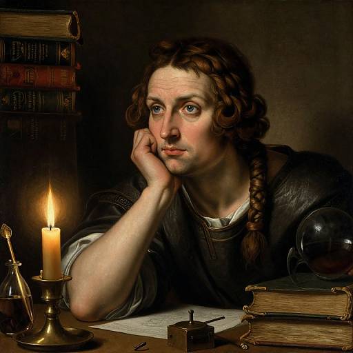 Baroque-style painting of a contemplative young man with wavy brown hair, leaning on his hand, by candlelight, surrounded by books and qu