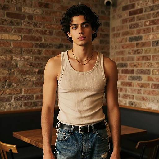 Photograph of a young, curly-haired man with medium skin tone, wearing a white tank top and blue jeans, standing in a brick-walled room