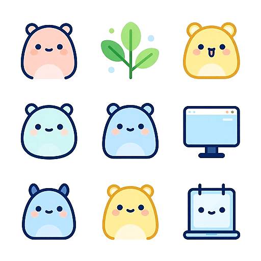 Cute digital illustration of nine chibi-style, round, bear-like characters in various colors, including peach, yellow, blue, and green, representing