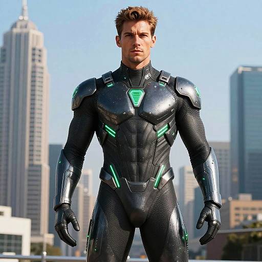 Photograph of a muscular, handsome man in a sleek, black and green futuristic armored suit standing confidently in a cityscape.