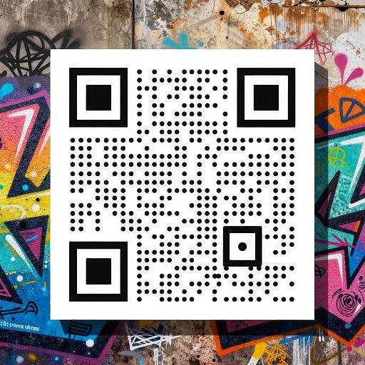 Digital art: Black-and-white QR code with dotted patterns on a vibrant, graffiti-covered background featuring colorful shapes, symbols, and textures.