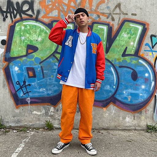 Young man in a blue and red varsity jacket, orange pants, white tee, black cap, and sneakers, standing in front of colorful graffiti on