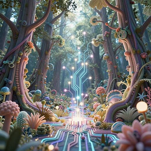 Dreamlike Forest with Glowing Circuits