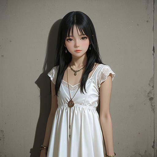 Asian Woman in White Dress with Jewelry