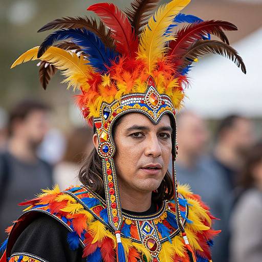 Photograph of a man with long brown hair, wearing a vibrant, feathered headdress and ornate, colorful Native American-style attire, with a