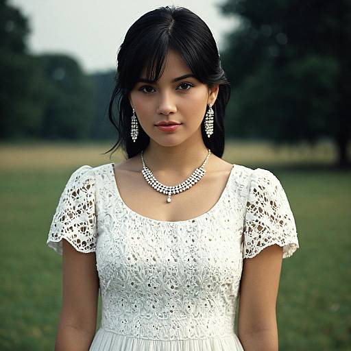 Young Woman in White Lace Dress Outdoors