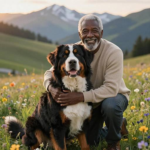 Elderly Man Hugging Bernese Mountain Dog in Alpine Meadow