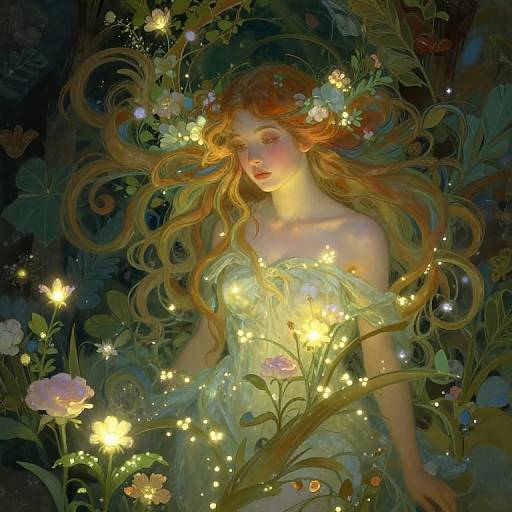 Digital painting of a fair-skinned, red-haired fairy with glowing flowers and lights, wearing a translucent, green dress, surrounded by lush, dark foliage