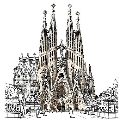 Black and white line drawing of a grand Gothic-style cathedral with twin spires, detailed architecture, and surrounding people and trees.