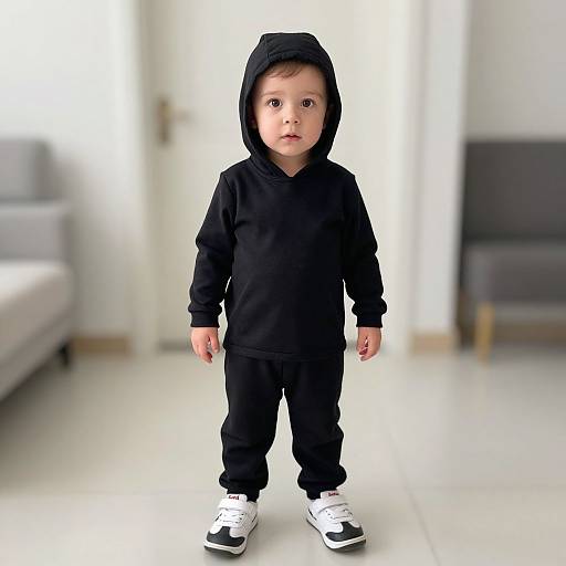 Photograph of a young child with light skin, brown eyes, and short brown hair, wearing a black hoodie, black pants, and white sneakers,