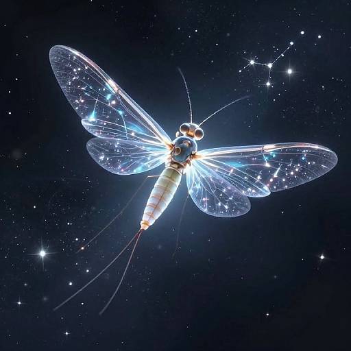 Digital illustration of a glowing, star-embellished dragonfly with translucent, sparkling wings, floating in a dark, starry night sky.