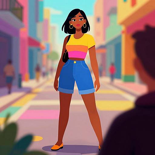 Digital illustration of a black woman with medium skin tone, black bob haircut, yellow and pink striped shirt, blue high-waisted shorts, orange shoes