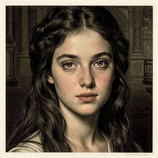 Digital painting of a young woman with long, wavy brown hair, fair skin, and expressive green eyes, set against a dark, ornate background
