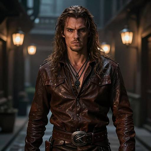 Man in Dark Brown Leather Costume in Dim Alley