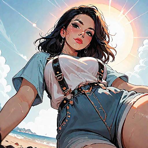 Fit Mature Woman in Leather Harness at Beach