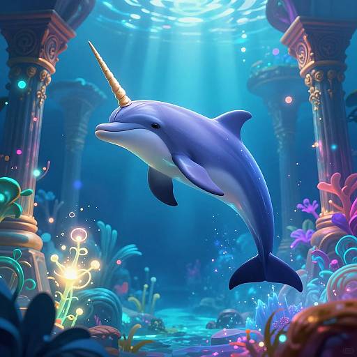 Digital illustration of a blue and gray unicorn-dolphin hybrid swimming in a vibrant, underwater temple with glowing columns and colorful coral.