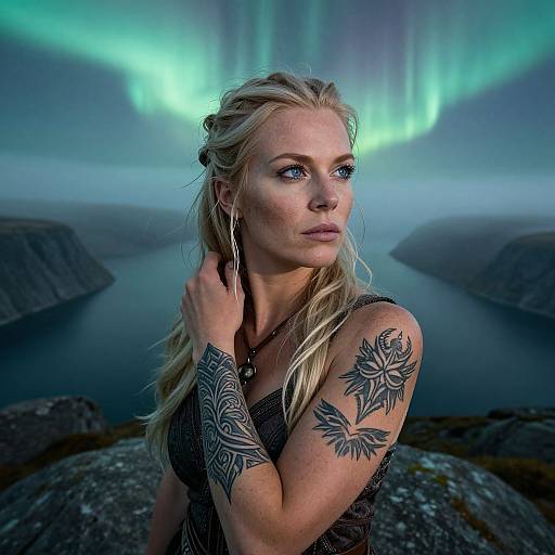 Photograph of a blonde woman with tattoos, blue eyes, wearing a black lace top, standing in front of a mesmerizing green aurora borealis