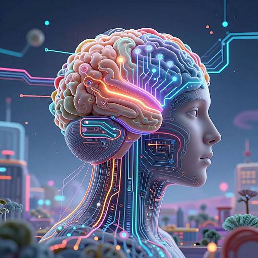 Digital CGI artwork of a futuristic, neon-lit human head with exposed brain circuitry, glowing lines, and a cybernetic profile against a neon