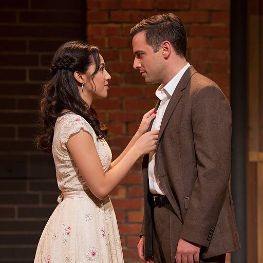 Photograph of a dark-haired woman in a floral dress gently touching the chest of a dark-haired man in a brown suit, standing against a brick wall