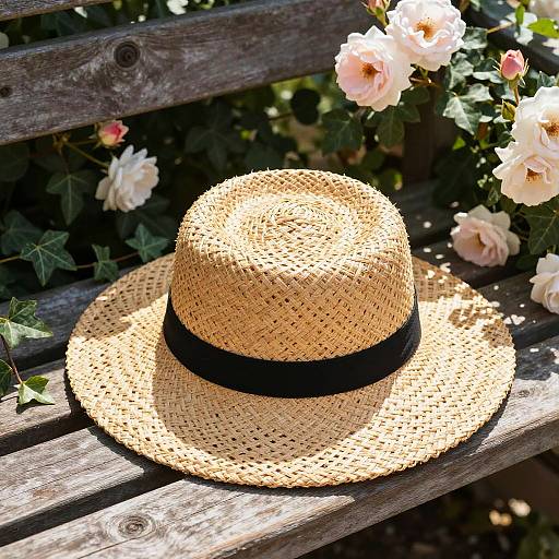 Photograph of a straw hat with a black band, resting on a wooden bench, surrounded by blooming pink roses and green leaves. Sunlight casts